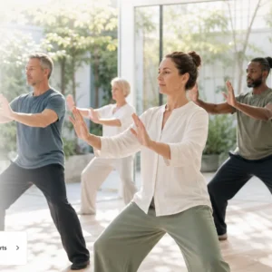 Group of Western adults practicing gentle movement in a bright wellness studio