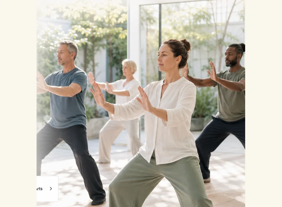 Group of Western adults practicing gentle movement in a bright wellness studio