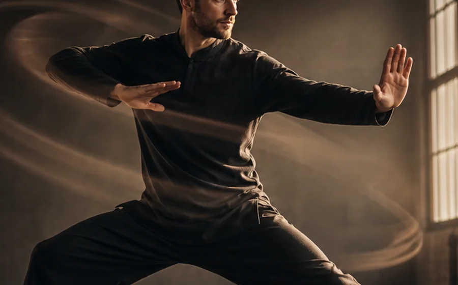 Traditional martial arts practitioner in a cinematic studio