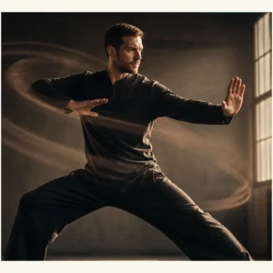 Western traditional martial arts practitioner in a cinematic studio