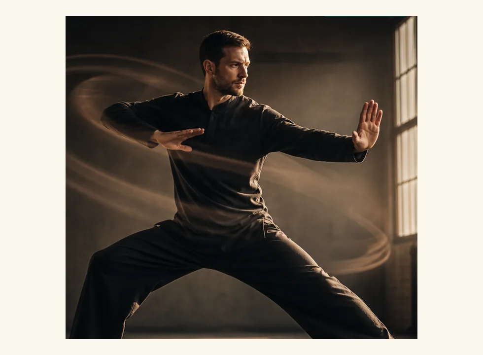 Western traditional martial arts practitioner in a cinematic studio