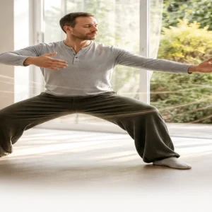 Western practitioner doing gentle Qigong in a bright wellness studio