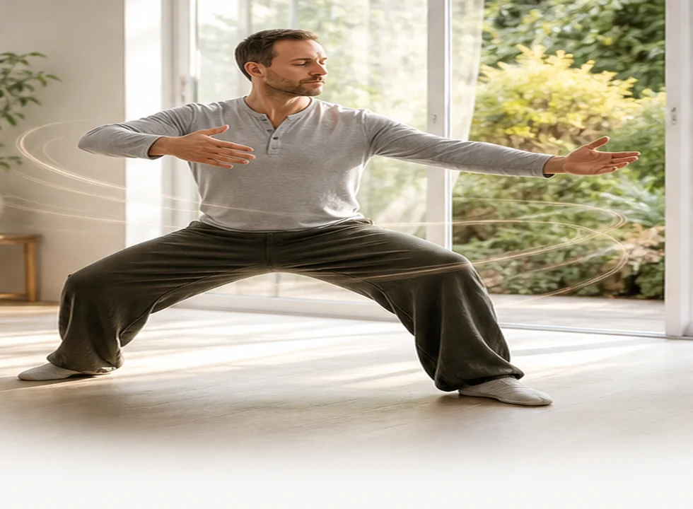 Western practitioner doing gentle Qigong in a bright wellness studio