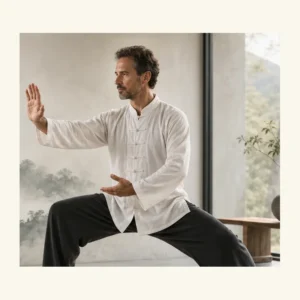 Western Tai Chi practitioner in a calm modern studio