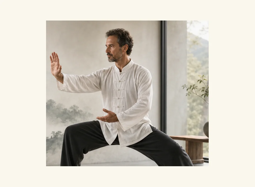 Western Tai Chi practitioner in a calm modern studio